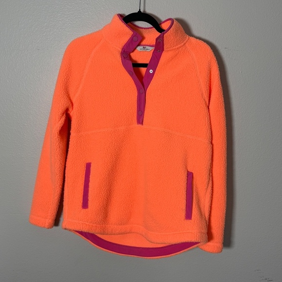 Vineyard Vines Fleece Snap Pullover Neon Orange Pink Trim XS - Picture 2 of 6